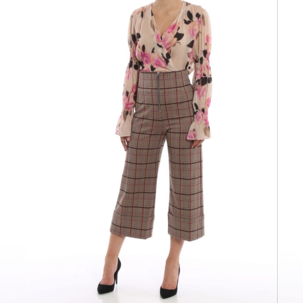 Pinko Trapelare Women's High-waisted Fabric Capri Trousers Checked Beige 4 NWOT